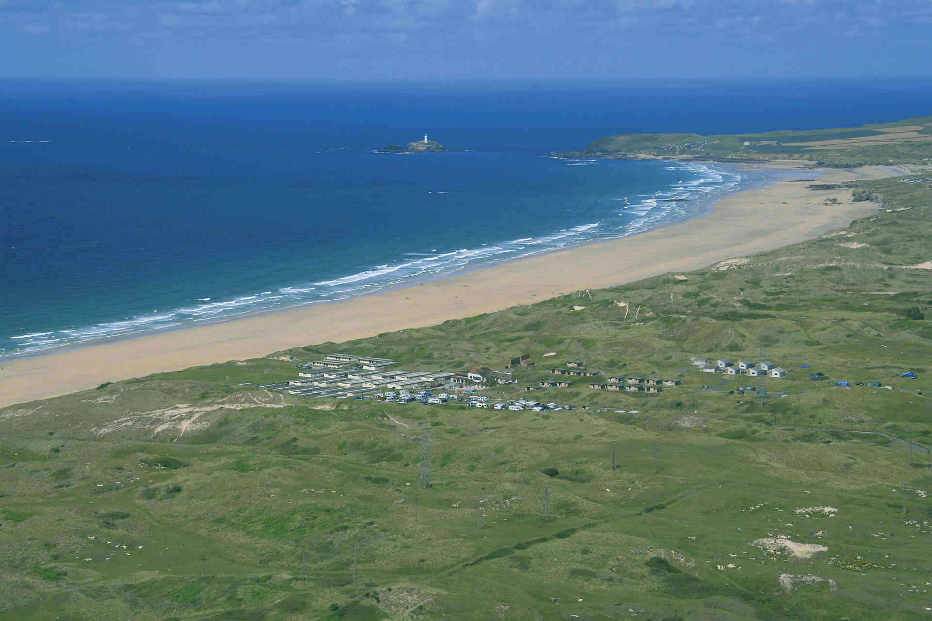 Birdeye view of Beachside Holiday Park and St Ives Bay in Cornwall